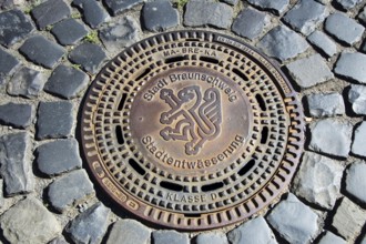Manhole cover with coat of arms of Braunschweig, Braunschweig, Lower Saxony, Germany, municipal