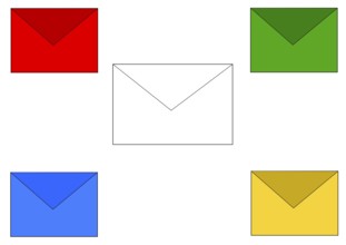White envelope in the centre, four colourful small envelopes at the edge of the picture,