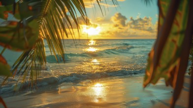 Imaginatively staged sandy beach with palm trees and sunset. The landscape has a tropical