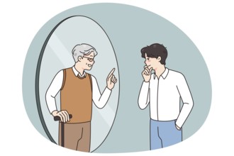 Young man look in mirror see talk with future old self. Younger generation male get advice from