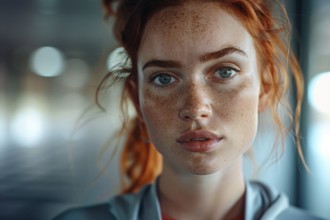 Close-up of a red-haired woman with freckles and an intense gaze looking off camera, education,