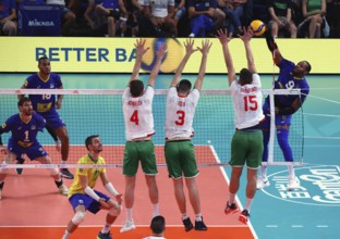 Sofia, Bulgaria - 4 July, 2022: Teams of Bulgaria and Brazil are seen in action during a Volleyball