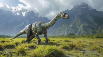 Solitary Apatosaurus standing in a grassy plain with dramatic mountains and cloudy sky, ai