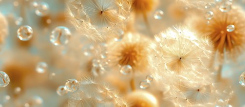 Golden dandelion seeds with sparkling droplets and a bokeh effect, creating a light and airy