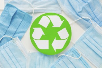 Top view disposable medical masks recycle symbol