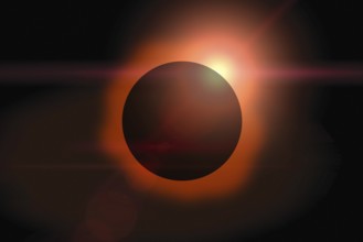 Solar eclipse with orange halo on black sky background