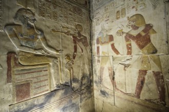Relief paintings in the temple of Sethos I in Abydos, Egypt