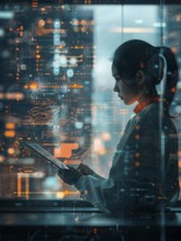 A woman interacts with futuristic holographic technology in a corporate setting, AI technology, AI