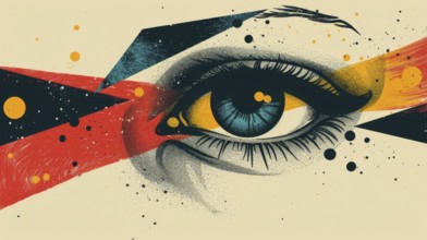 Single eye depicted in abstract style using geometric shapes and an array of bold colors creating a