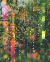 A vibrant abstract image with nature elements and colorful bokeh effect, AI generated