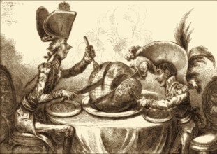 The Plumb-pudding in danger, James Gillray, 1805, Pitt and Napoleon dividing the world between them