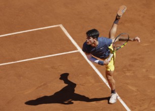 Spanish tennis player Carlos Alcaraz in action at the French Open, Roland Garros, Paris, France.