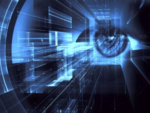 Human eye and. futuristic tunnel or portal - abstract collage. Artificial intelligence or data