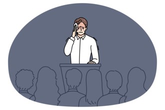 Nervous man feel stressed speaking in front of public. Anxious worried male speaker sweat with pain