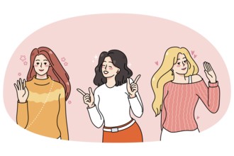 Smiling diverse young women having fun chilling out together. Happy female characters waving hand,