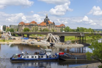 Demolition work continues after the partial collapse of the Carola Bridge, Dresden, Saxony, Germany