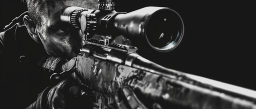 Close-up black-and-white image of a sniper aiming a rifle with an intense look in a dark setting,
