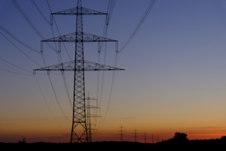 Power line, overhead line, power line, silhouette, sunset, Federal Republic of Germany