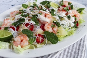Thai salad with shrimp and rice noodles, pineapple slices, coriander and mint leaves, on a white