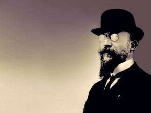 Erik Satie, 1866 – 1925, a French composer and pianist, portrait digitally edited according to a