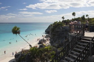 Tourists at the Mayan ruins of Tulum, Riviera Maya, Yucatan Peninsula, Mexico