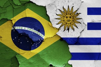 Flags of Brazil and Uruguay painted on cracked wall