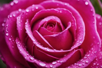 A single dark pink rose covered in dew drops, AI generated
