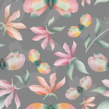 Magnolia flowers and moths on grey background watercolor painting, seamless repeat pattern