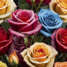Vibrant roses in various colors including red, orange, blue, and pink with water droplets on