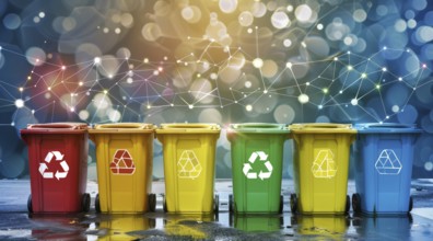 Colorful recycle bins for waste separation with festive bokeh lights, ai generated, AI generated