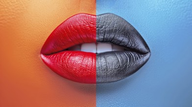 Artistic close-up of vibrant lips with one half red and the other half black against a two-toned