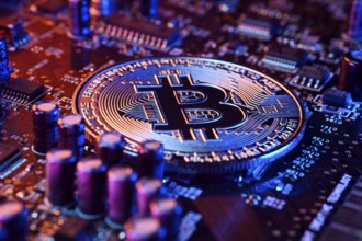 Bitcoin coin on a computer board