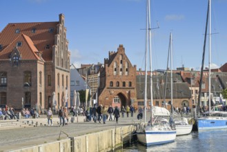 Quay, sailing ships, old harbour, on the left the old customs house, behind the water gate, Wismar,