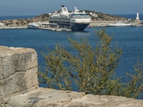 Large cruise ship in harbour with coast and trees under blue sky, ibiza, mediterranean sea, spain