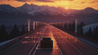A car drives along a digital grid on a highway with glowing structures at sunset near mountains, AI