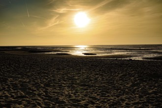 Golden sunset creates a warm atmosphere on a sandy beach, North Sea beach 27476