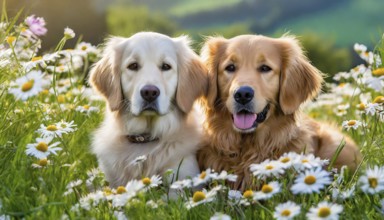 AI generated, Two Golden Retrievers lying in the grass of a flower meadow, couple