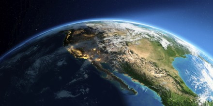 Highly detailed Earth with atmosphere, exaggerated relief and light-flooded cities. Transition from