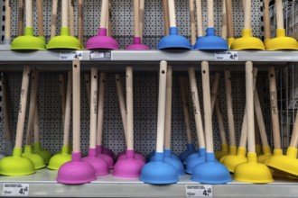 Plunger, pompel or suction bells in the DIY store, Allgäu, Bavaria, Germany