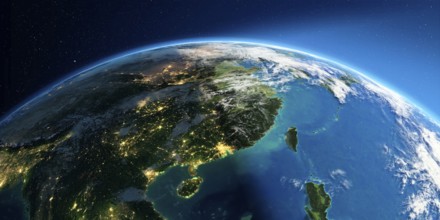 Highly detailed Earth with atmosphere, exaggerated relief and light-flooded cities. Transition from