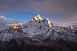 Snow-Capped Ama Dablam Mountain in Nepal at Sunset, Himalaya