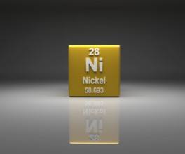 Cube with Nickel number 28 periodic table, 3d rendering