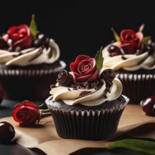 Luxurious chocolate cupcakes with intricate red rose decorations on creamy swirls, Chocolate