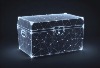 Futuristic glowing treasure chest in neon blue, depicted in digital art, AI generated