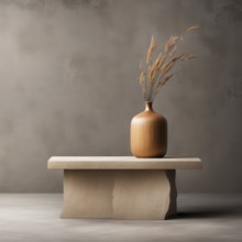 Single wooden vase with dry plants placed on a textured pedestal, creating a minimalist and earthy