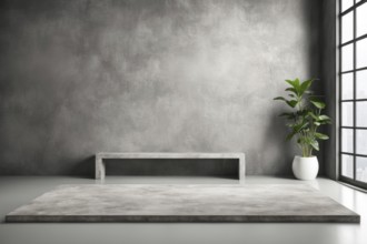 Modern minimalistic interior with concrete walls and floor, featuring a bench and a large plant
