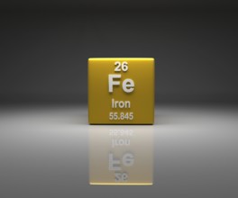 Cube with Iron number 26 periodic table, 3d rendering