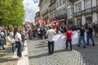 Political rally and march for May Day in city of Guimaraes, Braga district, northern Portugal,