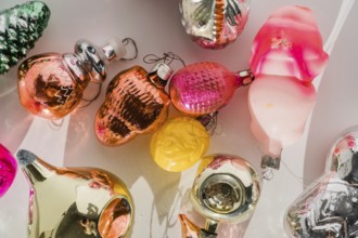 Retro style USSR christmas tree baubles on white background with shadows. mid century .