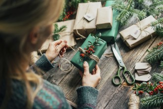 Unrecognizable woman decorating Christmas gifts
